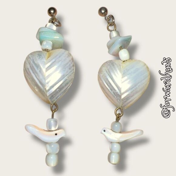 Mother of Pearl Heart Earrings with Bird and Bead Accents - Picture 1 of 6